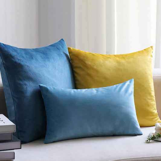 Well mixed colors of two blues and one yellow  Pack of 3 velvet throw pillow covers and inserts included 3 sizes of 1 of 20"x20", 1 of 18"x18"and 1 of 12"x20", 20x20 inch.