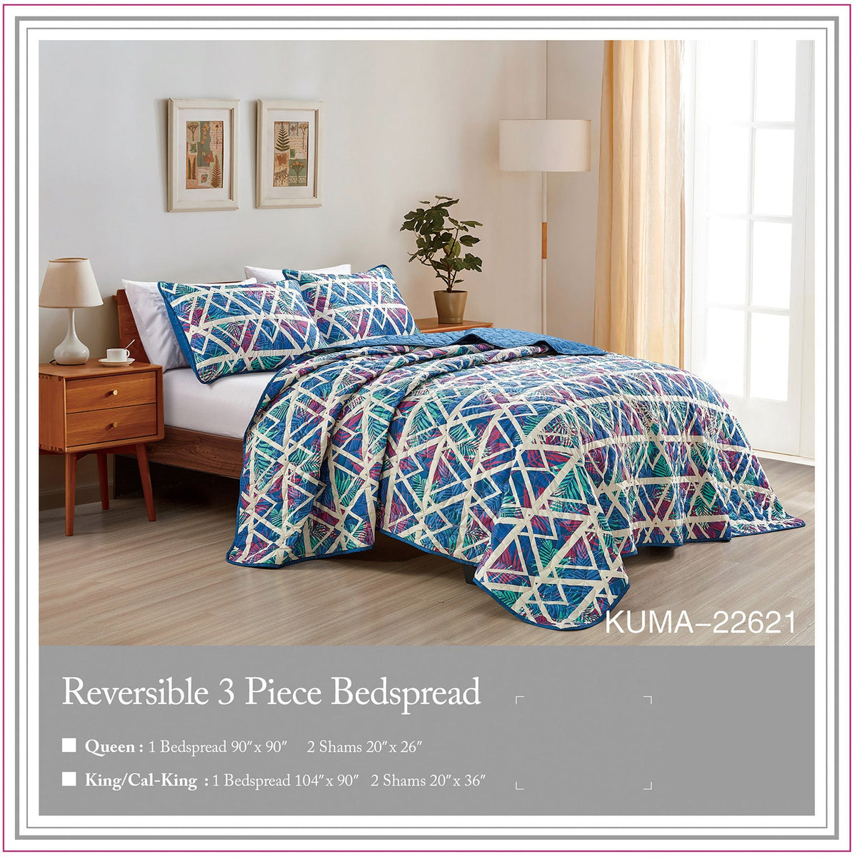 Reversible 3-Piece Geometric Triangle Bedspread Set - Quilted Coverlet with Pillow Shams
