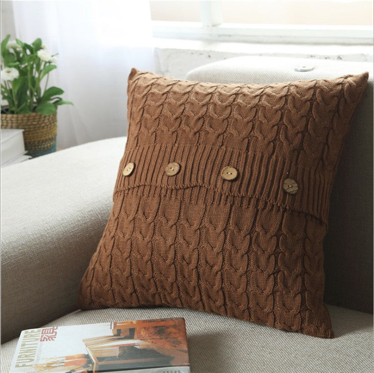 18"x18" Cable Knit Sweater-Style Throw Pillow | Wooden Button Accents | 5 Color Options + Insert Sizes