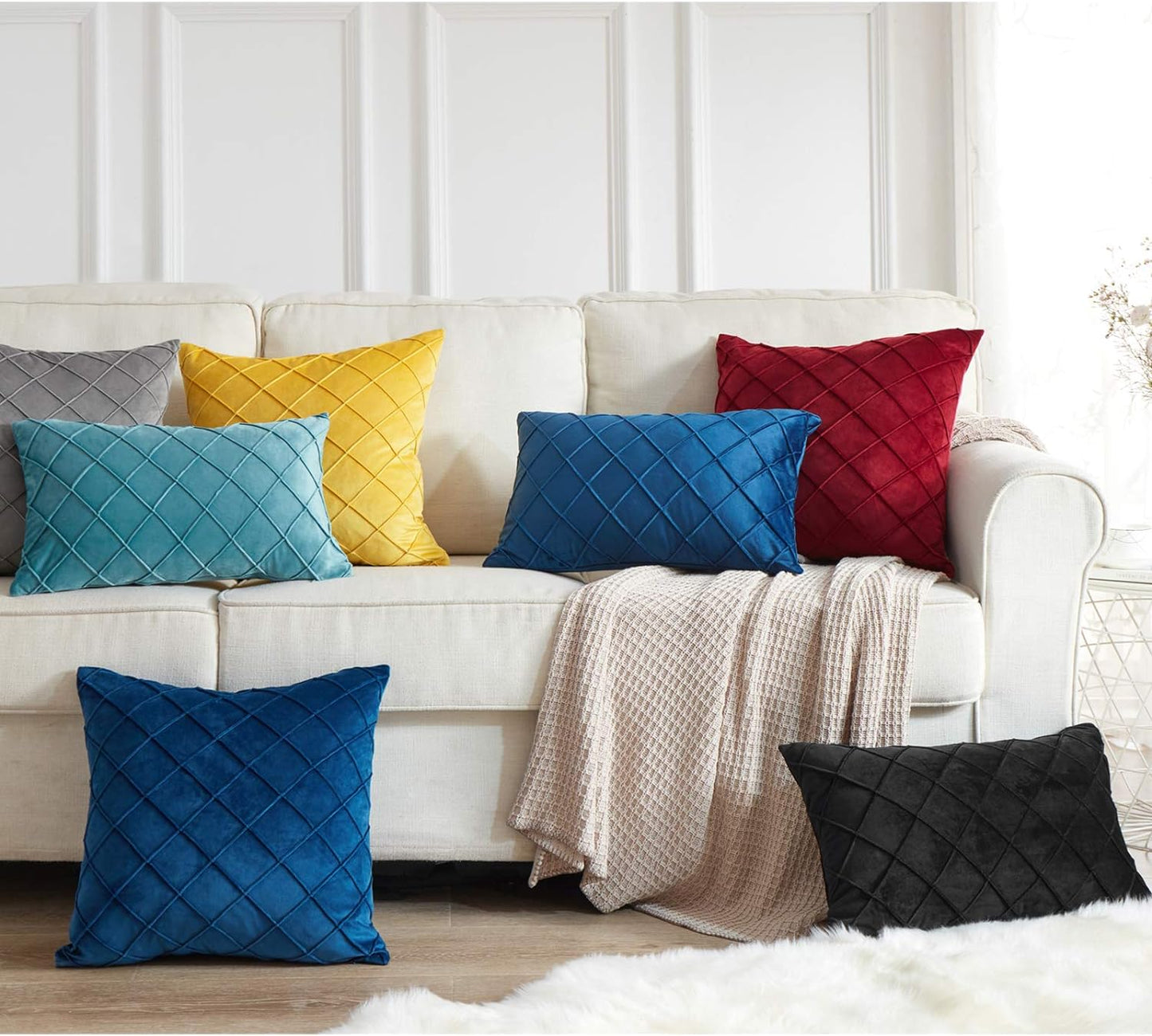 20''x20'' quilted velvet throw pillow  | 6 colors soft & stylish diamond stitch design | modern couch & bedroom accent | insert included