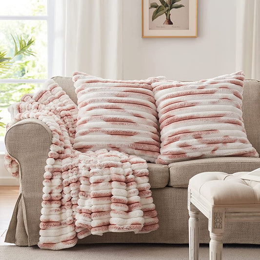 Pink18"x18" ribbed ombre faux fur throw pillow ultra-soft two-tone design luxury textured accent insert included