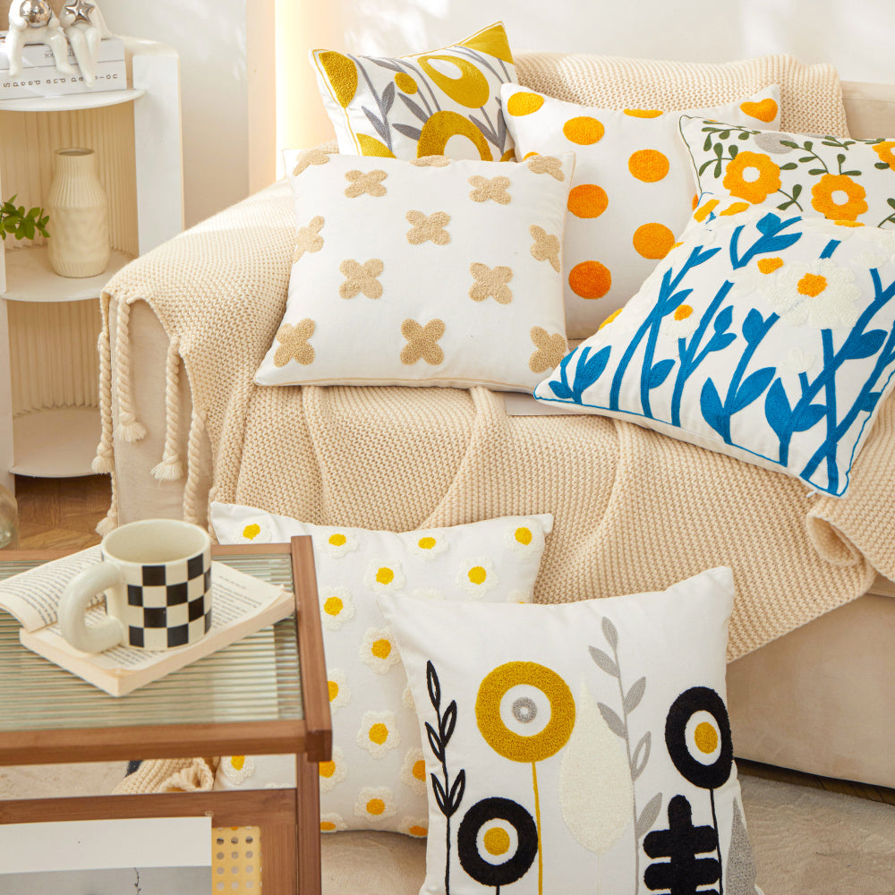 Sunshine Blossom Whimsical Floral Square Throw Pillow (With/Without insert) 18''x18'' set of 2