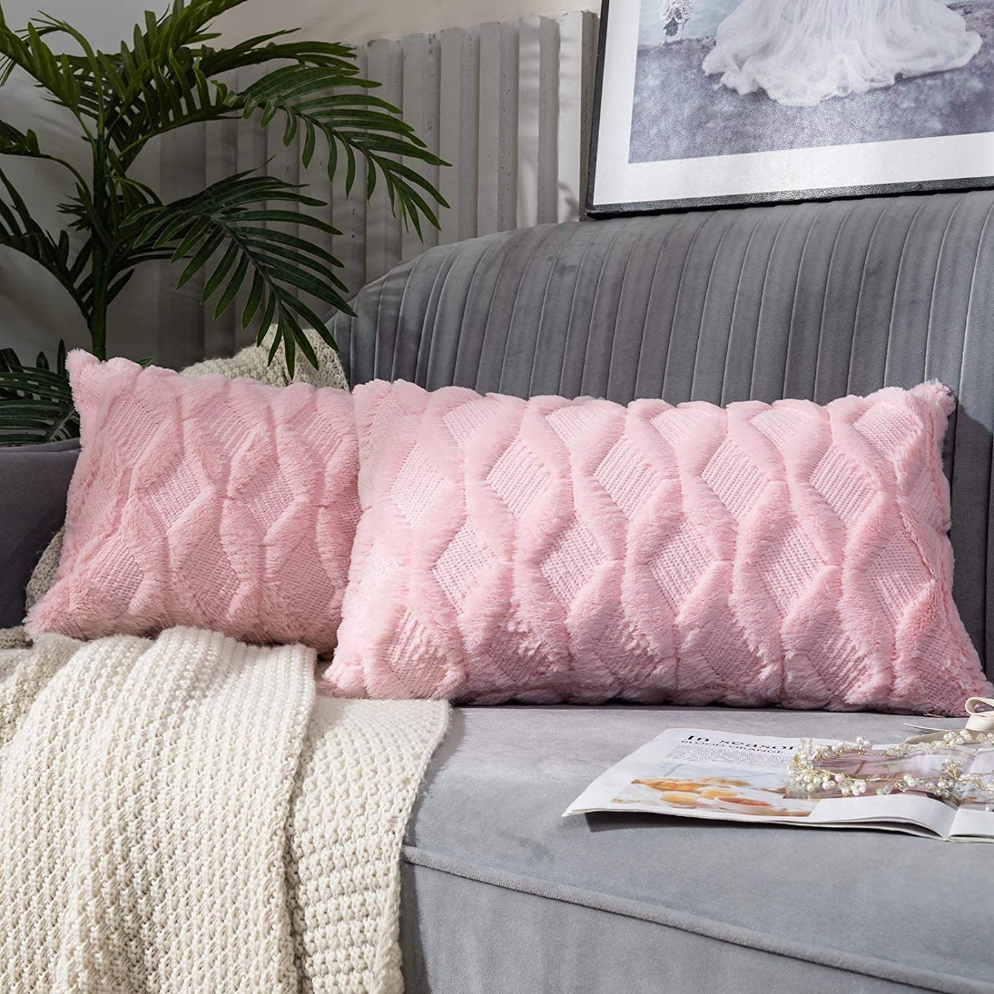 12''x20'' luxe textured knit throw pillow| 17 colors  soft faux fur finish + diamond weave design | modern couch & bedroom decor essential| insert included