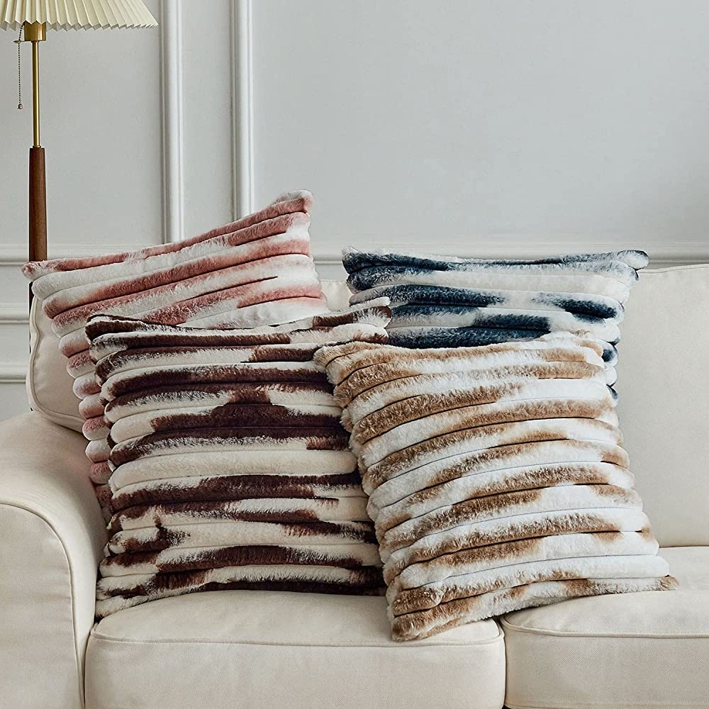 Brown 18"x18" ribbed ombre faux fur throw pillow ultra-soft two-tone design luxury textured accent insert included