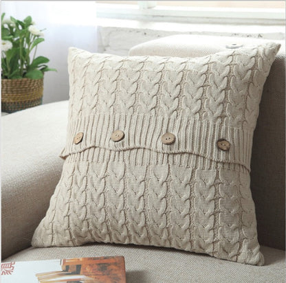 18"x18" Cable Knit Sweater-Style Throw Pillow | Wooden Button Accents | 5 Color Options + Insert Sizes