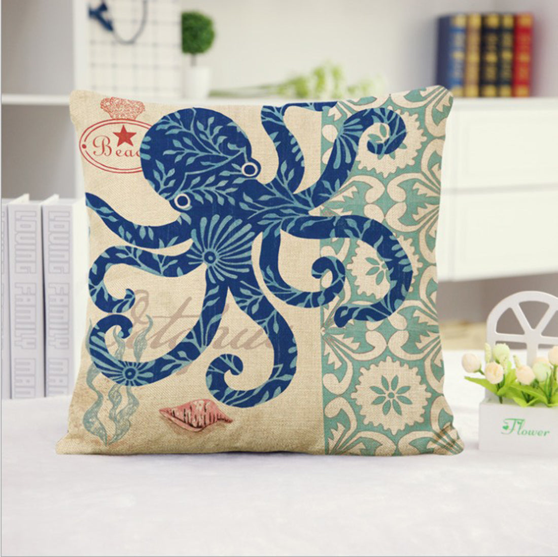 Set of 2 Square Cloth Throw Pillow Covers Ocean themes 18"x18"(With or Without Inserts)