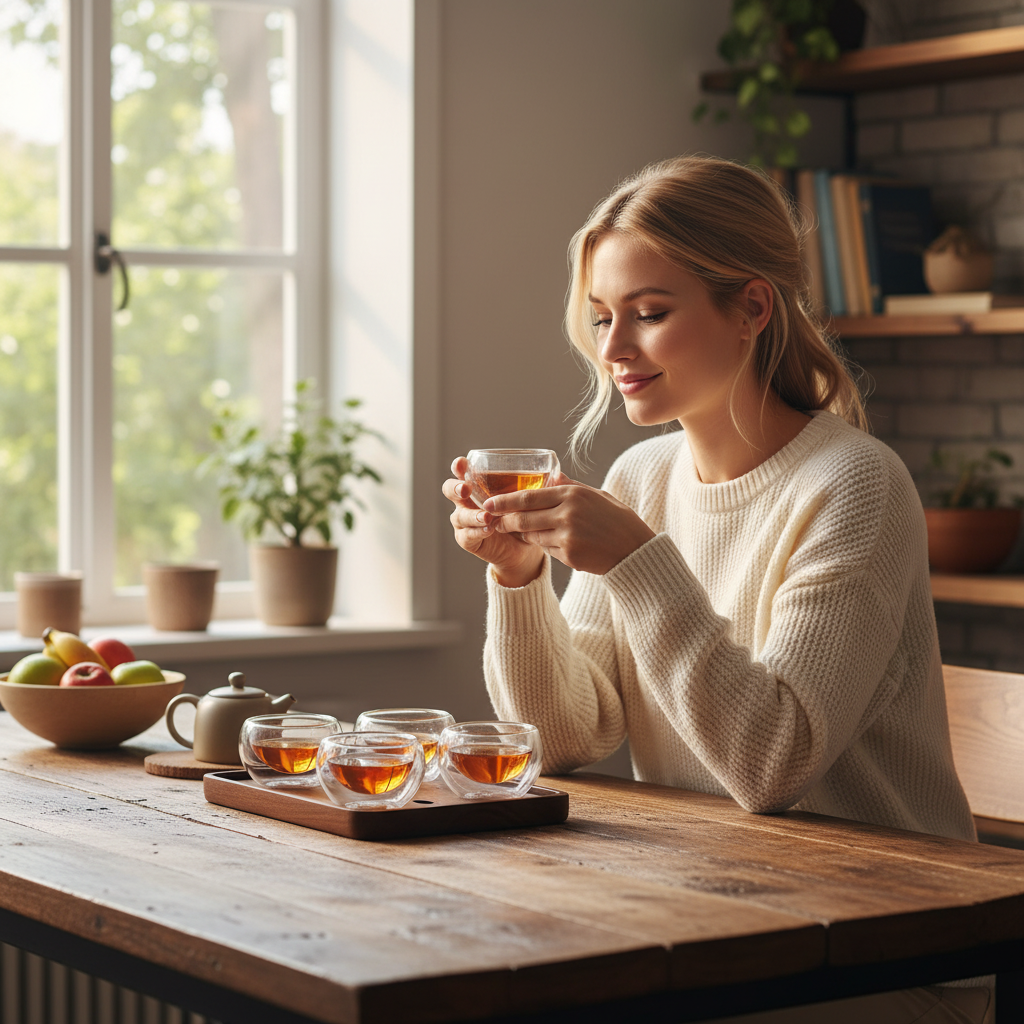 Tea set of tea pot with infuser + warmer and 6 double cups