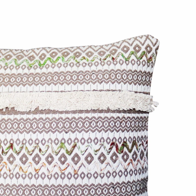 Handcrafted Square Jacquard Cotton Accent Throw Pillow, Geometric Tribal Pattern, White, Black, Beige