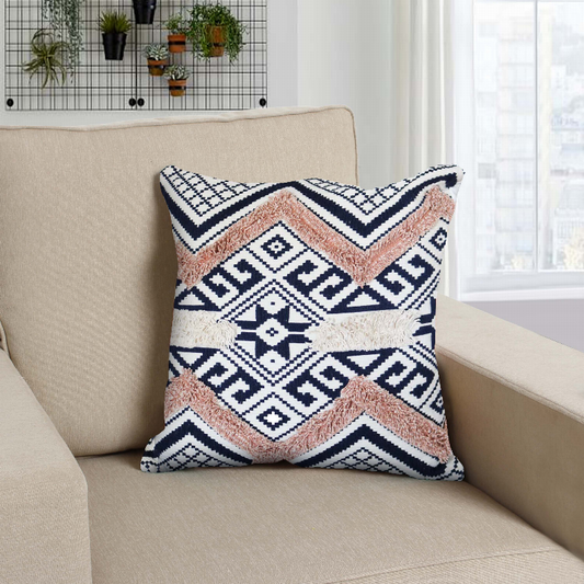 Handcrafted Square Jacquard Cotton Accent Throw Pillow, Geometric Tribal Pattern, White, Black, Beige