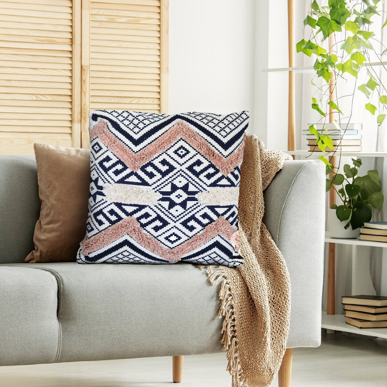 Handcrafted Square Jacquard Cotton Accent Throw Pillow, Geometric Tribal Pattern, White, Black, Beige