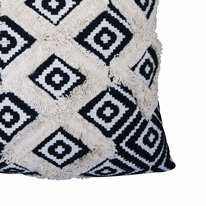 Handcrafted Square Jacquard Cotton Accent Throw Pillow, Geometric Tribal Pattern, White, Black, Beige