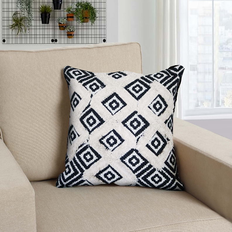 Handcrafted Square Jacquard Cotton Accent Throw Pillow, Geometric Tribal Pattern, White, Black, Beige